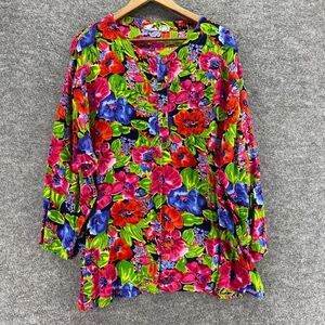 Rosey Tomato Shirt Women 14 Green Floral Long Sleeve Button Up Rayon Casual